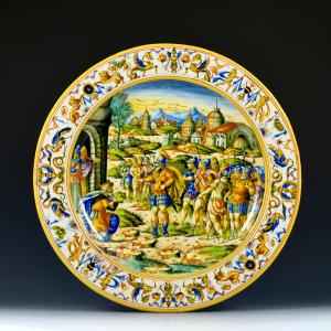 <I>Abramo e il re di Sodoma</I> <br>Piatto da parata istoriato <br>Manifattura Molaroni <br>Pesaro, inizio del sec. XX